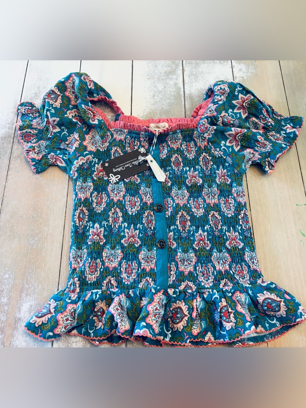 Matilda Jane Teal Floral Smocked Off-Shoulder Top